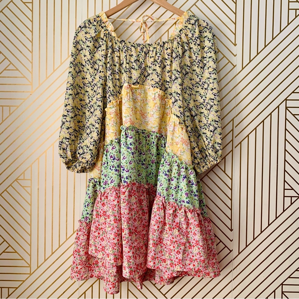 Umgee Floral puff sleeve tiered Layered Ruffle Hem scoop neck multicolor Dress S - Picture 5 of 8